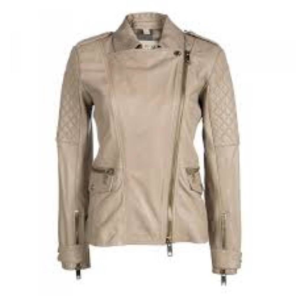 Burberry Leather Jacket - Beige with Gold Hardware. “Remington” Biker Jacket